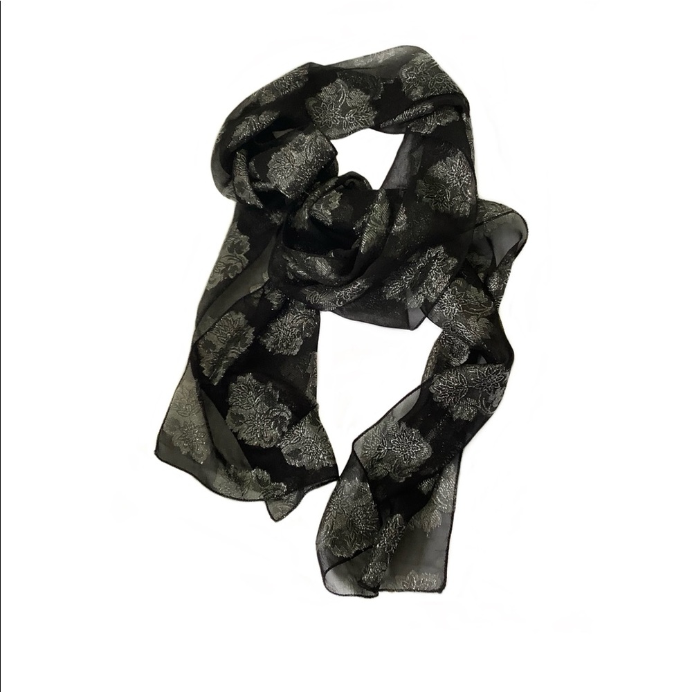 Black Paisley chiffon scarf, Silver paisley scarf